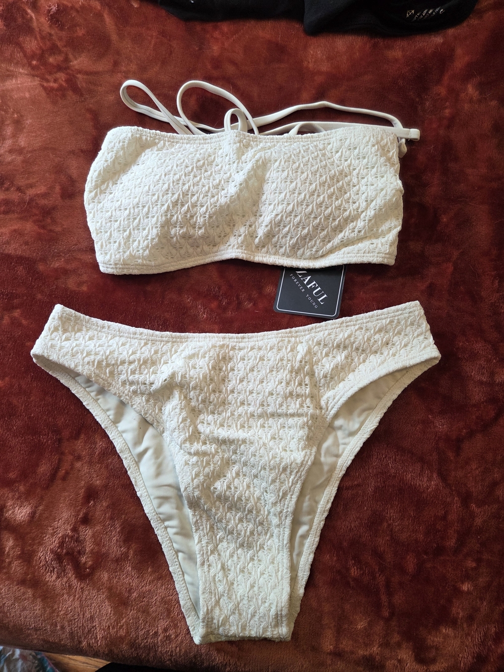Zaful Cream Textured Bandeau Bikini Set with Removable Straps